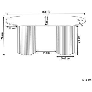 Schéma : Table de salle à manger Beliani Sheridan marron avec plateau ovale en MDF et dimensions.
