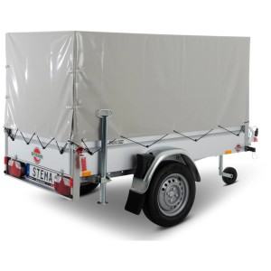 Remorque Stema Basic Plus 750 avec bâche haute grise et roue jockey.