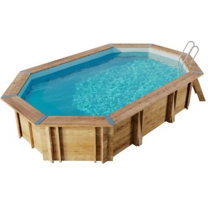 Piscine en bois Bahamas avec échelle et liner bleu, 436x336x119 cm.