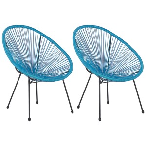 Due sedie da giardino Acapulco blu con struttura in acciaio nero. Set di 2 poltrone in polyrattan.