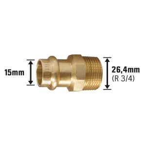 Nipplo di transizione in bronzo rosso, 15 mm x 26,4 mm (R 3/4), per pressfitting in impianti idraulici e di riscaldamento.
