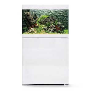 Oase Aquarium StyleLine 125 blanc avec meuble et décoration.