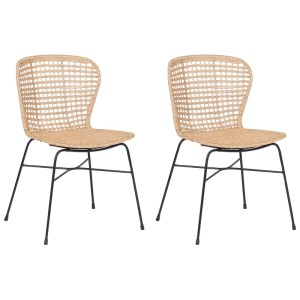 Set 2 sedie da pranzo Beliani Elfros in rattan marrone con struttura in metallo nero.