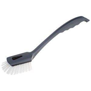 Graue Abwaschbürste Soft mit weißen Borsten und ergonomischem Griff für die Küche.
