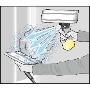 Illustration : Kit d'extension Kärcher pour aspirateurs de fenêtres en utilisation avec pulvérisateur et lave-vitre.