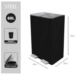 Spirella Aliya nero, pattumiera differenziata con 2 scomparti da 30L e coperchio soft-close.