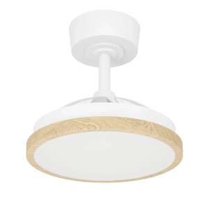 Ventilatore da soffitto LED Eglo Malpica rotondo, bianco con bordo effetto legno. Funziona come plafoniera.