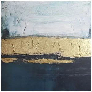 Quadro su tela dipinto a mano in blu e oro, 70x70 cm, pittura astratta.
