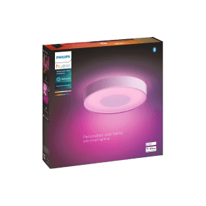 Emballage du plafonnier LED pour salle de bain Philips Hue Xamento, lampe ronde blanche avec lumière colorée.