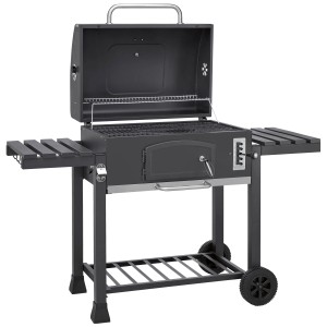 Barbecue à charbon Jamestown Jaxon XL avec couvercle, tablettes latérales et trappe à charbon.