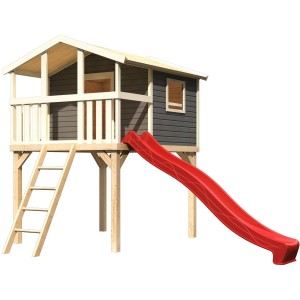 Maison sur pilotis Karibu Benjamin terragrau avec échelle en bois et toboggan rouge.