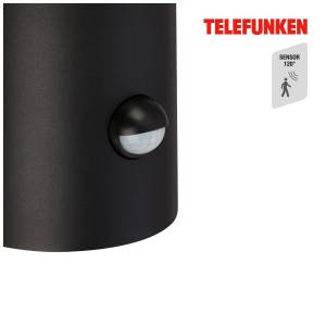 Detailaufnahme: Schwarze Telefunken Außenwandleuchte mit Bewegungsmelder.