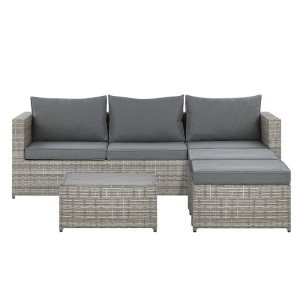 Beliani Sabbia lounge angolare, 2 pezzi, polyrattan grigio chiaro con tavolo e cuscini grigi.