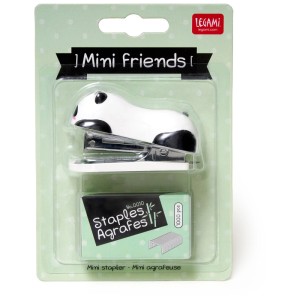 Mini-agrafeuse Legami Panda, blanc et noir, avec 1000 agrafes incluses.