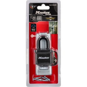 Master Lock Vorhängeschloss-Set: schwarzes Schloss, silberne Überfalle, Schrauben in Blisterverpackung. Hohe Sicherheit, wetterfest.