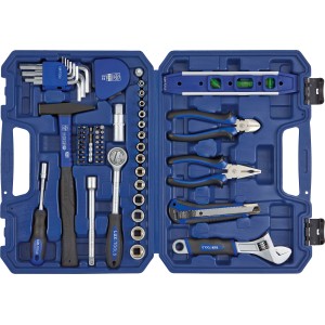 Mallette à outils LUX Classic bleue ouverte, 69 pièces avec assortiment d'outils.