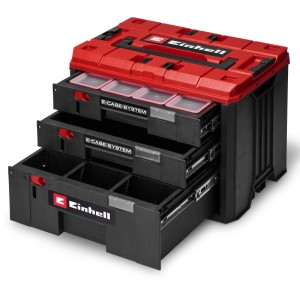Einhell E-Case cassettiera, rosso-nero, con 3 cassetti e scatole di assortimento. Valigetta porta attrezzi per l'organizzazione.