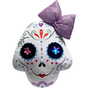 Decorazione LED Halloween teschio donna con fiocco, bianco/nero, altezza 39 cm.