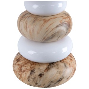 Lampada da tavolo Näve Stoney: design in ceramica e tessuto bianco e tortora, effetto torre di pietra.