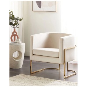 Beiger Beliani Sessel Sirkka aus Samtstoff mit goldenem Metallgestell. Eleganter Polsterstuhl.