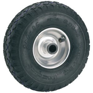 Roue gonflable Doerner + Helmer, Ø 26cm, avec jante en métal argenté et pneu noir.