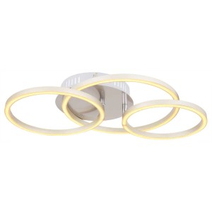 Moderna plafoniera LED Kendy con tre anelli in nichel opaco. 30W, 1500 lumen.