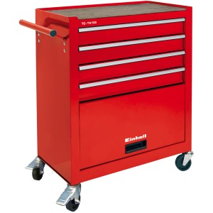 Chariot d'atelier rouge Einhell TC-TW 100 avec 4 tiroirs, compartiment de rangement et roulettes.