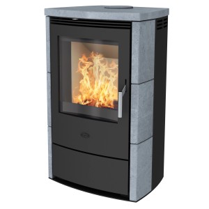 Cuisinière Fireplace Meltemi noire avec revêtement en stéatite et feu de bois.