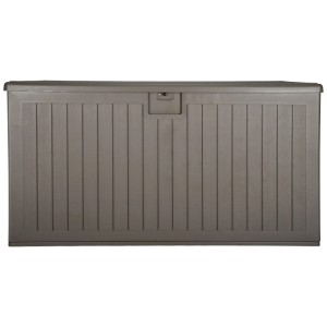 Coffre de rangement Oslo XL taupe, capacité 870 l, plastique aspect bois pour jardin et terrasse.