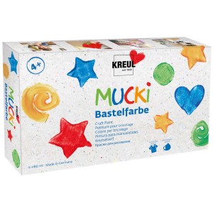 Kreul Mucki Peinture pour loisirs créatifs, lot de 6, peintures pour enfants en blanc, jaune, rouge, bleu, vert et noir.