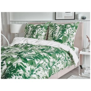 Parure de lit Beliani en satin de coton vert à motif floral, 155x220 cm.
