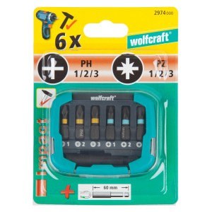 Wolfcraft Set di inserti Impact, 7 pezzi, con Phillips/Pozidriv e portainserti.