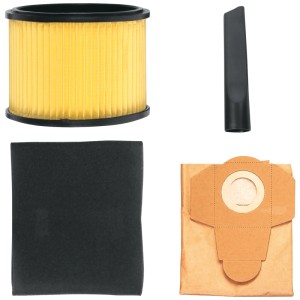Accessoires pour aspirateur eau et poussière Einhell : Filtre plissé, filtre en mousse, suceur plat et sac à poussière.