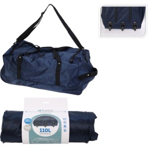 Sac de voyage bleu foncé en polyester, 110 l, avec roulettes pour camping et voyage.