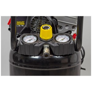 Gros plan du compresseur Stanley HY227/10 Silent Vertical 24 l avec manomètre et régulateur de pression.