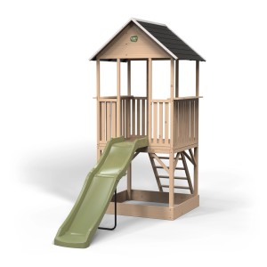 Maisonnette en bois Exit Panorama 500 avec toboggan et bac à sable, en bois clair.