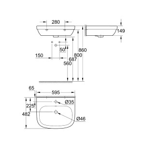 Schéma technique du lavabo Grohe Euro Céramique, lave-mains avec dimensions.