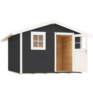 Abri de jardin anthracite 123 avec toit à deux pentes, épaisseur des murs 28 mm, avec fenêtre et porte ouverte.