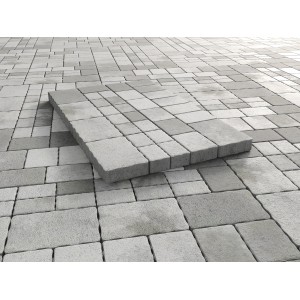 Pavé béton multiformat Encanto antique nuancé gris pour allées et terrasses.