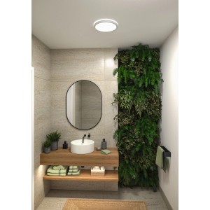 Panneau LED blanc Paulmann Atria Shine dans salle de bain avec mur végétal. Plafonnier rond.