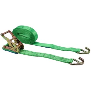 Sangle d'arrimage verte en 2 parties (6 m x 3,5 cm) avec cliquet et crochets pour une fixation sûre.