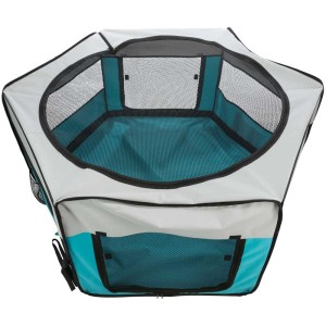 Parc pour petits animaux Trixie, turquoise/gris, avec filet, fond et sac.