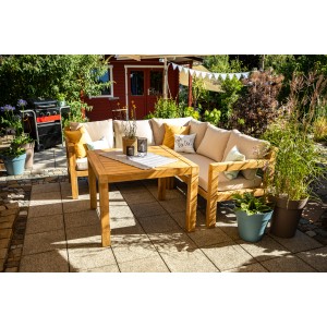 Ensemble lounge 4 pièces Morenci avec table à manger en acacia FSC® pour jardin ou terrasse.