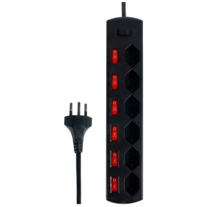 Multiprise noire Schönenberger avec 6 prises T13 et interrupteurs rouges.