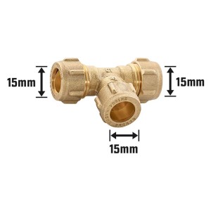 Raccordo a T a compressione in ottone, 15 mm, per impianti idraulici e di riscaldamento.