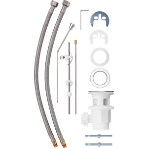 Accessoires pour mitigeur de lavabo Foglia : flexibles de raccordement, bonde, matériel de fixation.