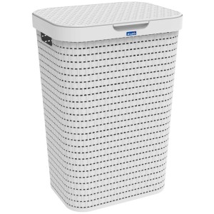 Cesto portabiancheria Rotho Country bianco (55 l) con effetto rattan e coperchio.