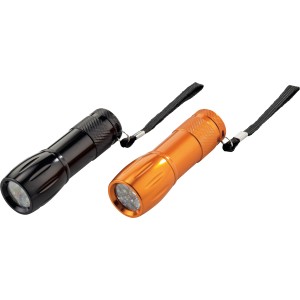 Lampe torche LED en aluminium anthracite et orange avec dragonne.