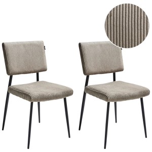 Zwei taupefarbene Beliani Esszimmerstühle Sturgis mit Cordbezug und schwarzen Metallbeinen.