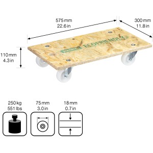 Chariot de transport Wagner avec panneau OSB, capacité 250 kg, 575x300 mm, quatre roues.